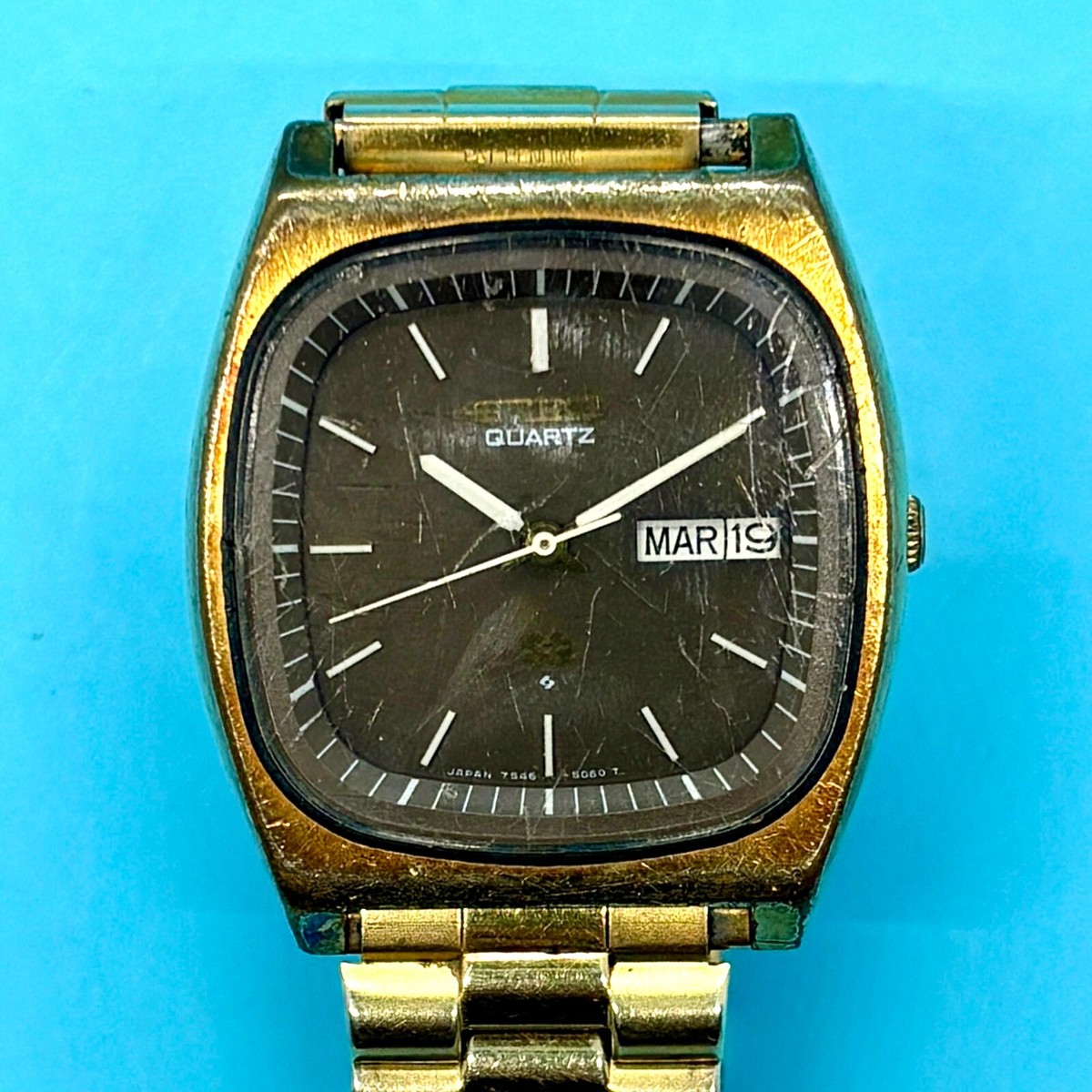 Vintage Seiko Watch SQ Gold Day Date 7546-5069 Square Brown