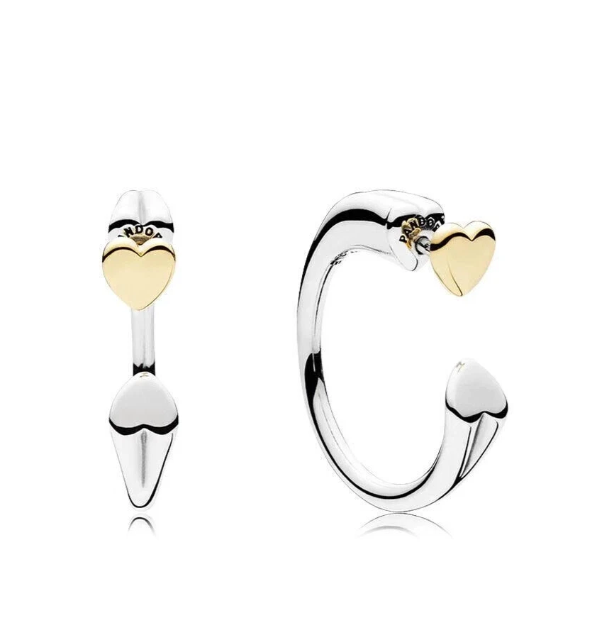 New Authentic PANDORA Hoop Earrings Two Hearts Sterling Silver 14K