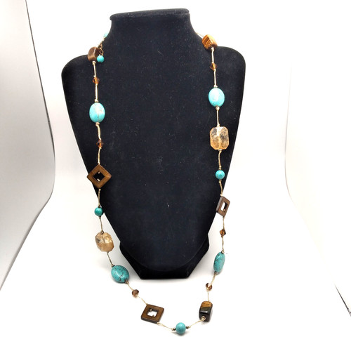 Premier Designs Long Multi Bead Necklace Mixed Shapes Colors Goldtone Chain