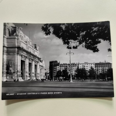 Milan Central Station and Piazza Duca d'Osta TRAVEL POSTCARD WHITE BLACK