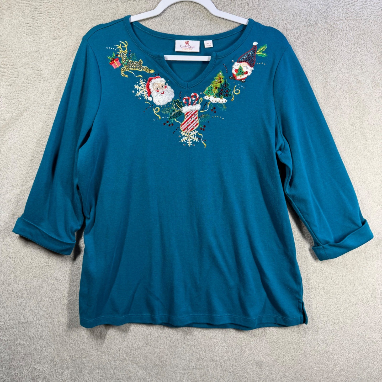 Quacker Factory Christmas Top Women Large Teal Embellished Holiday ...
