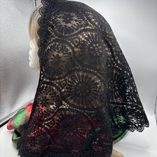 Lace Chapel Veil D Shape Black Mantilla Catholic Latin Mass Head Cover EUC