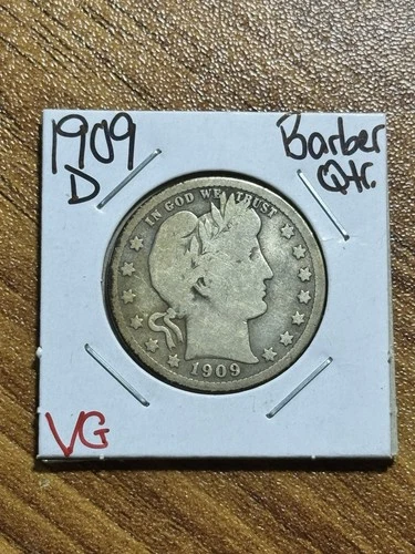 1909 D Barber Silver Quarter VG Very Good Better Date U.S. 25c Coin (Raw14622)