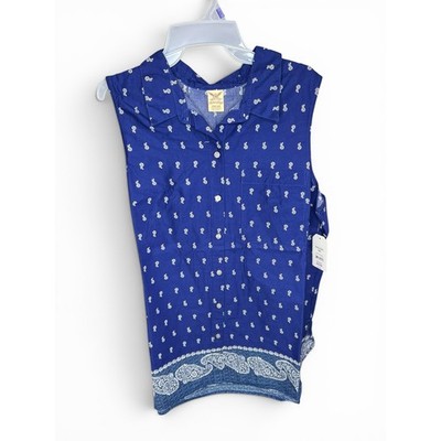 NWT Faded Glory Women's XXL Blue Floral Paisley Sleeveless Cotton Button Up Top