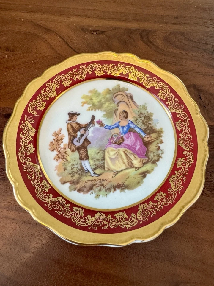 LIMOGES Fragonard Hand Painted Gold Trim Red French Courting Scene Plate 7in - Image 2 of 4