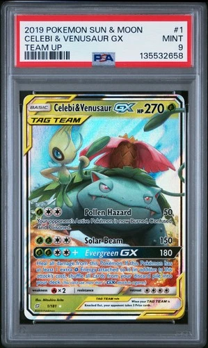 2019 POKEMON SUN & MOON TEAM UP #1 CELEBI & VENUSAUR GX PSA 9