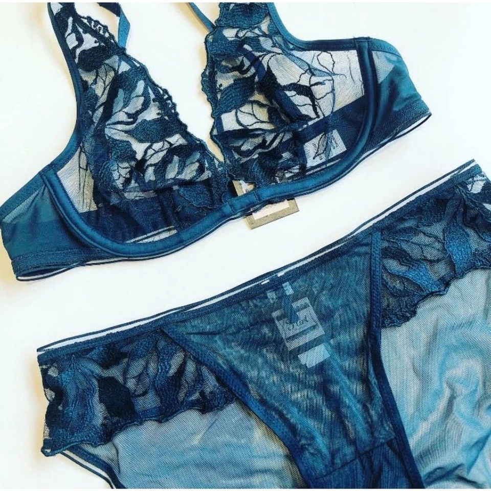Nuevo con etiquetas Sujetador triangular bordado con aros Maison Lejaby Sin en verde azulado Lagoon talla 36B Foto 3 de 4