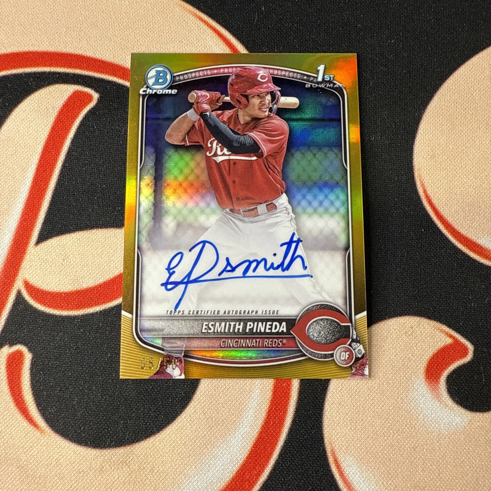 2025 Bowman Esmith Pineda #/50 Auto On-Card 1st Chrome Gold Refractor (Reds)