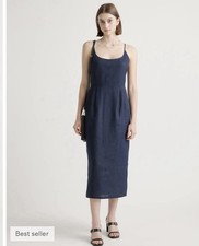 Quince 100% European Linen Scoop Neck Midi Dress Deep Navy Blue XL