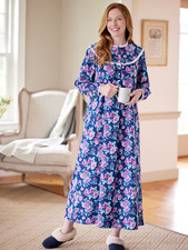 Lanz Nantucket Rose Cotton Flannel Nightgown, 54 Inch, Navy