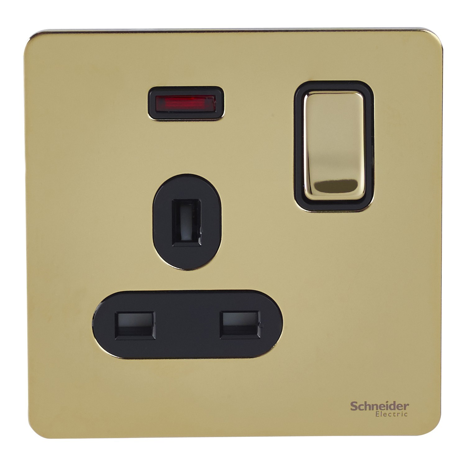 Schneider Ultimate Screwless Flat Brass 13AMP Single Socket with Neon GU3411DBPB