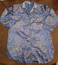 Vintage KATHRYN Collar Button Down Paisley Nightshirt Nightgown Blue Purple SZ M