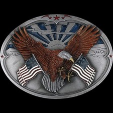New Bald Eagle Flag Sunrise Patriotic USA Western Veteran NOS Vtg Belt Buckle