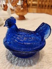 Hen on Nest Chicken Cobalt Blue Glass Depression Style Candy Dish, Vintage Style