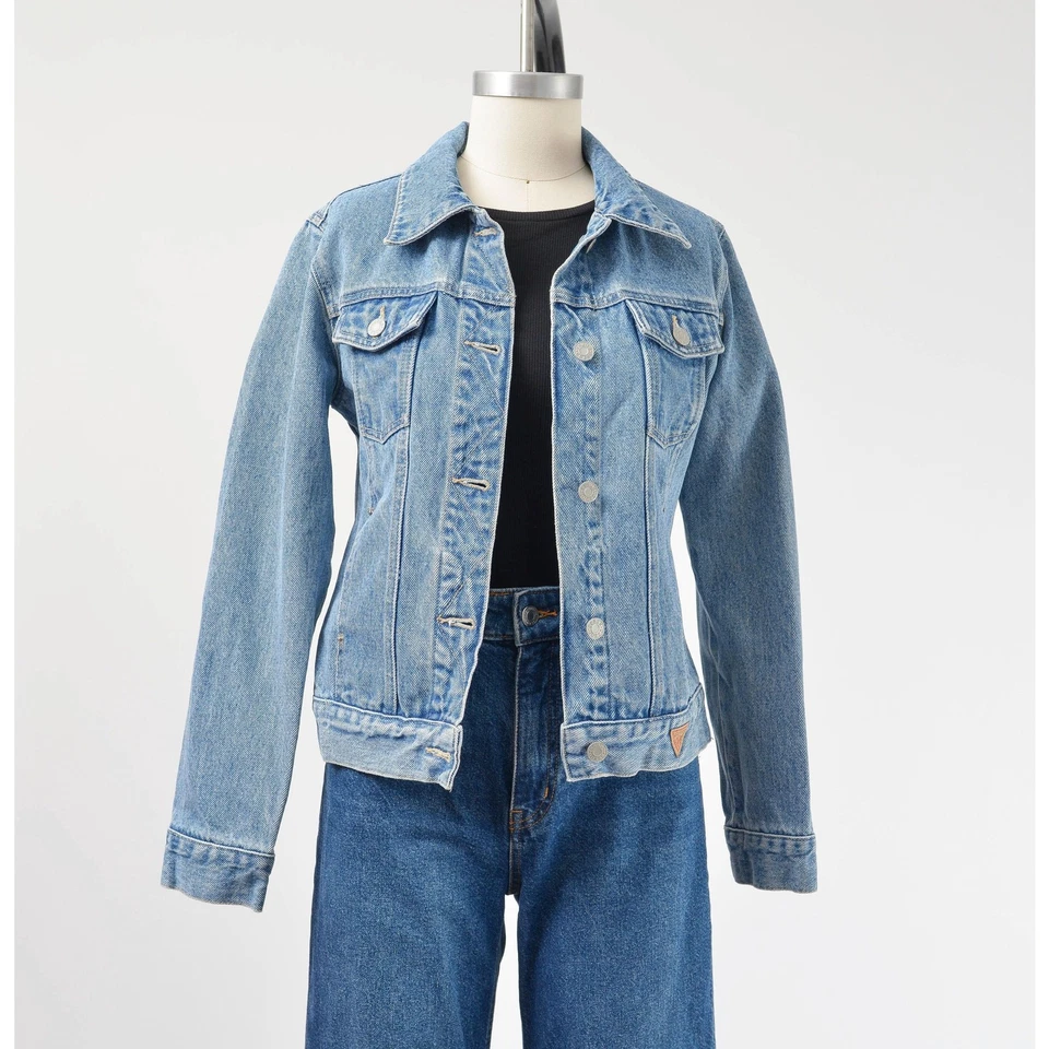 Chaqueta vaquera Guess vintage años 90 ajustada corta camionero lavado claro chaqueta de mezclilla XS Foto 2 de 4