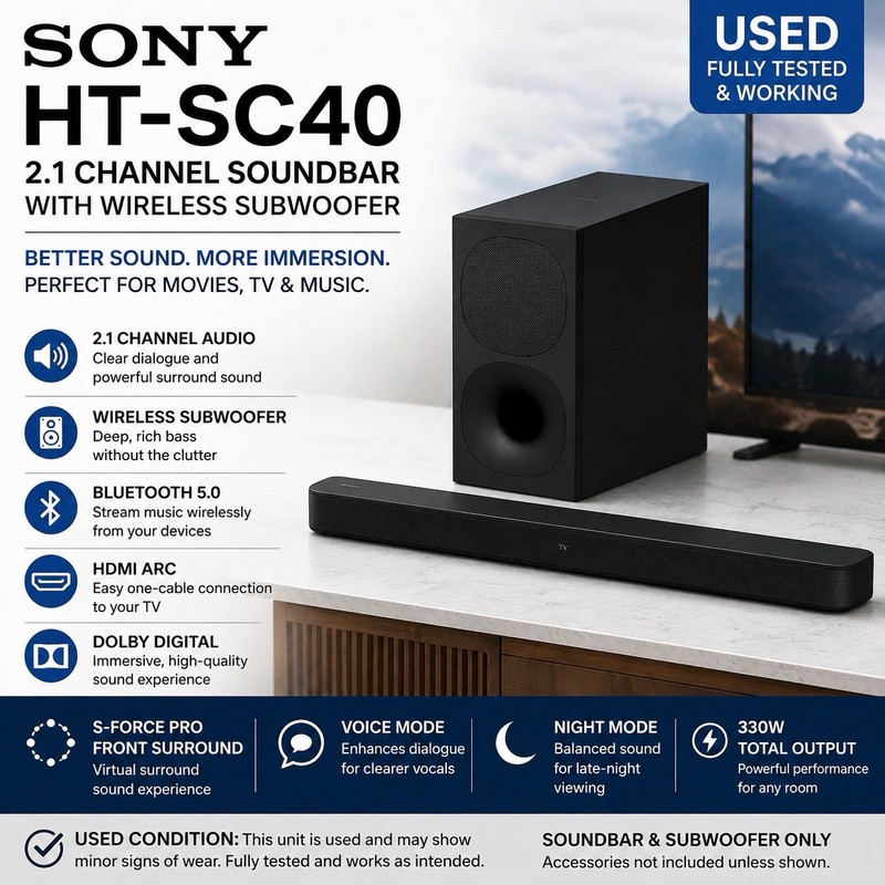 Sony HT-SC40 2.1 Channel Soundbar w/ Wireless Subwoofer Bluetooth HDMI - Used