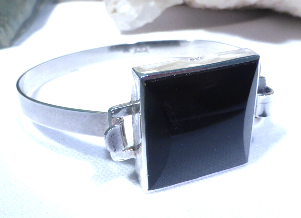 Solid Silver Bangle Onyx Stone Bracelet Hinged UK… - image 3
