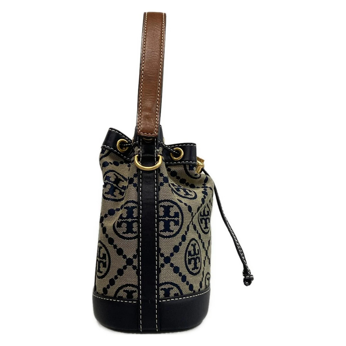 TORY BURCH - Cream Dark Navy Dark Brown Jacquard Leather Handbag thumbnail 2