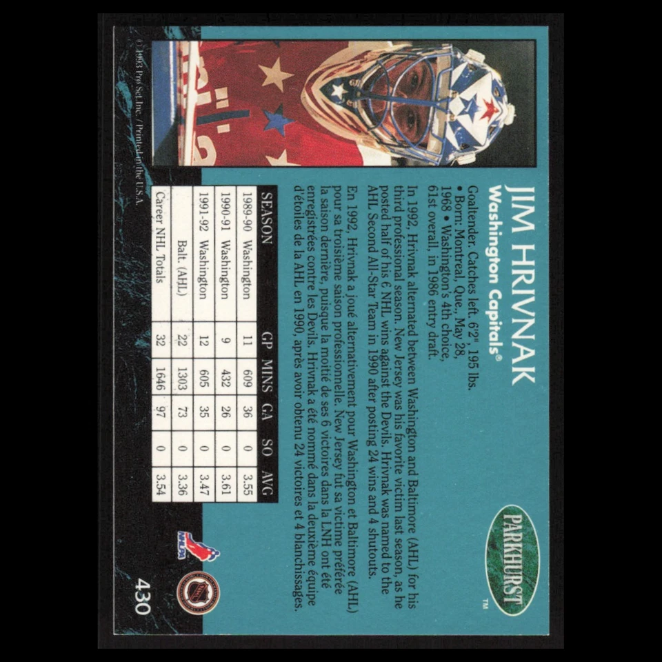 Jim Hrivnak #430 1992 Parkhurst Washington Capitals Hockey Card NHL NM - Image 2 of 3
