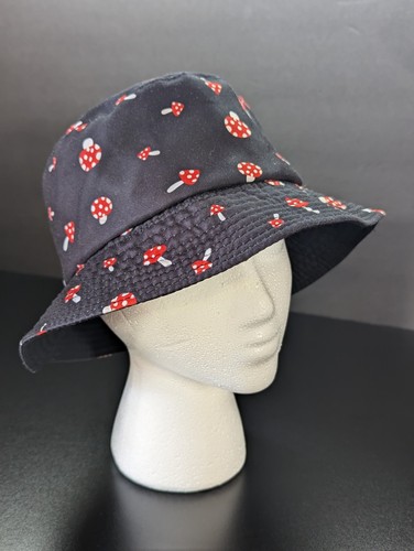 Bucket Hat Mushrooms Black & Red Novelty Reversible Hippie Skater Sun Groovy