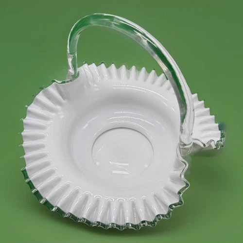 LARGE VINTAGE FENTON Pie Edge Silver Crest Ruffled White Milk Glass Basket 13"