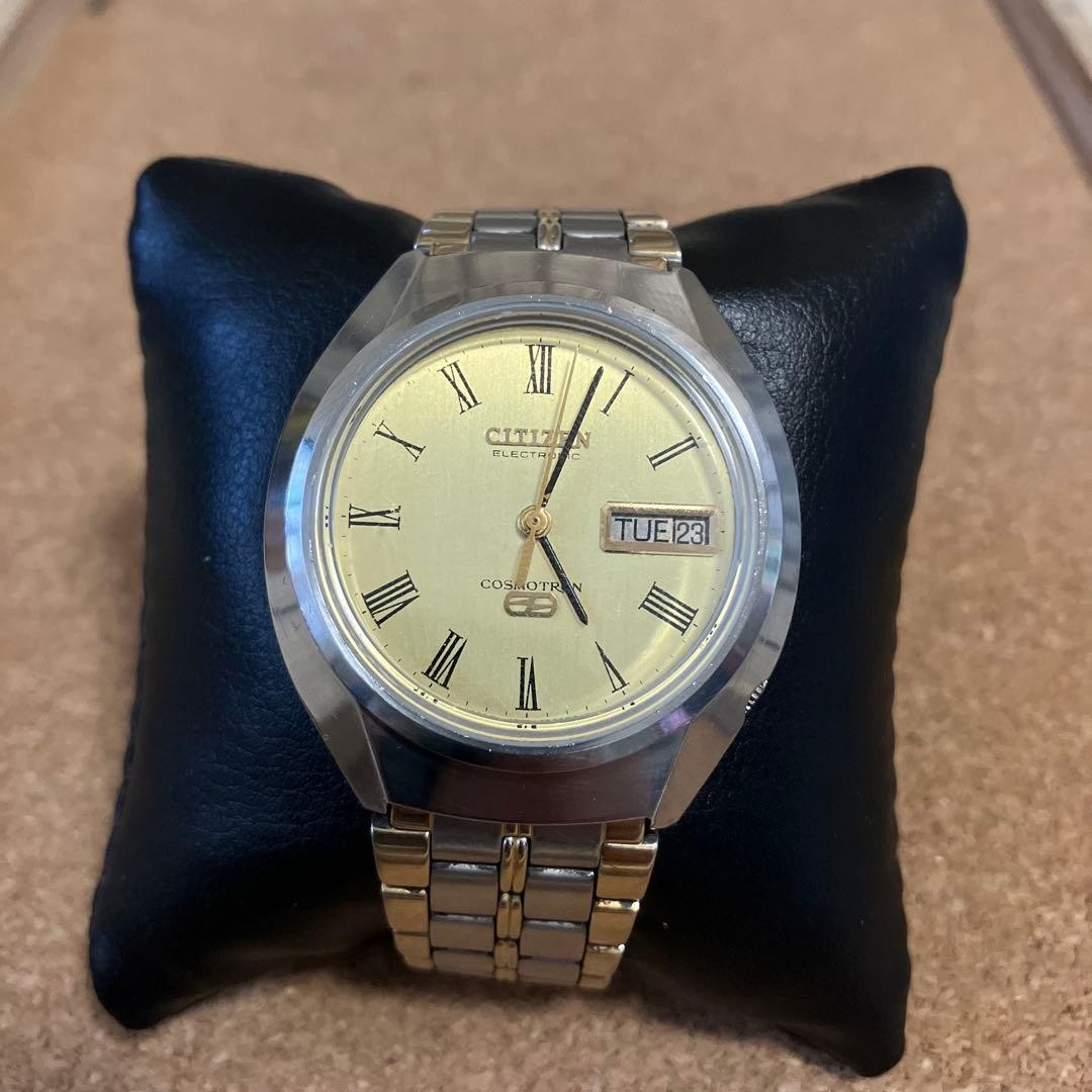 Citizen Cosmotron Day Date Wristwatch Vintage Gold Dial Silver Band