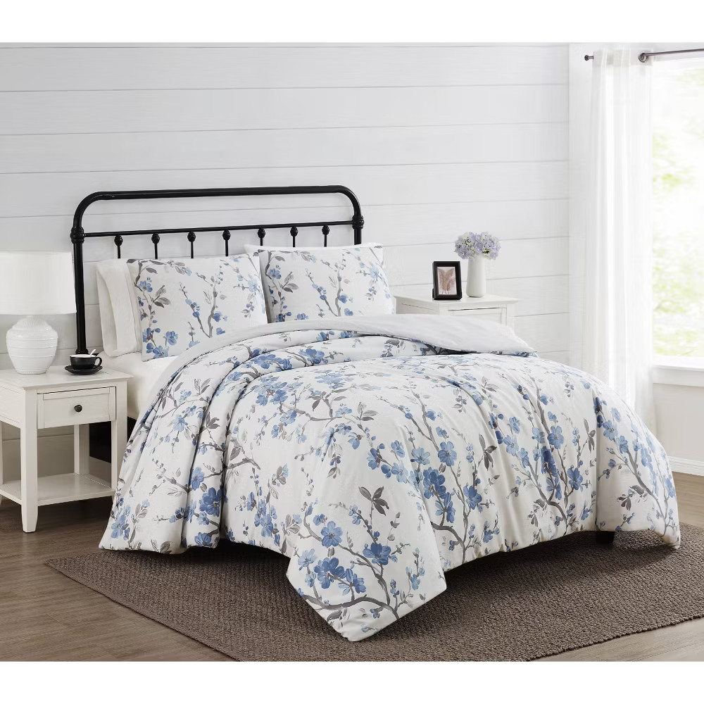 3pc Full/Queen Kasumi Floral Duvet Cover Set Blue/White - Cannon: