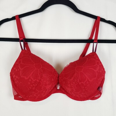 Victorias Secret Womens Bra Push-Up 34C Smooth T-Shirt Red All Over Lace