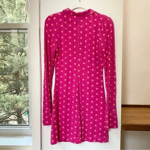 Free People Shayla Mini Dress Printed Polka Dot Long Sleeves Hot Pink Sz Med - Picture 4 of 10