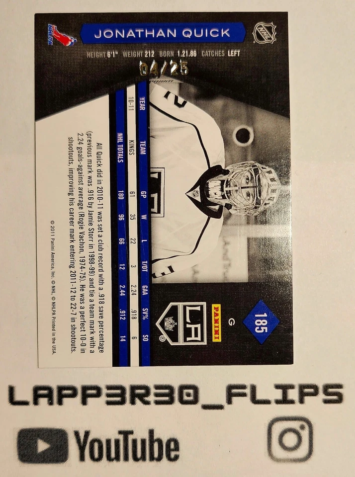 Jonathan Quick  2011-12 Panini Limited Gold Spotlight /25 #185 - Image 2 of 2