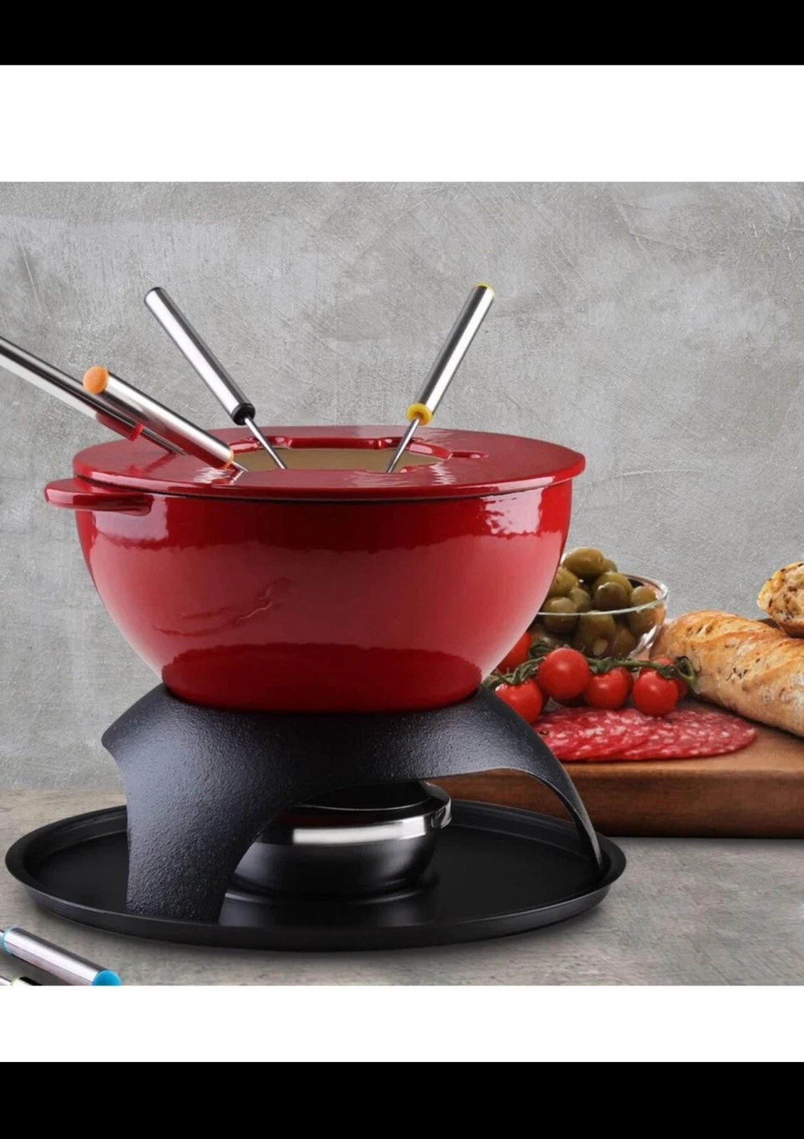 11-Piece Cast Iron Fondue Set with Adjustable Burner 6 Colored Forks Used 1 Time