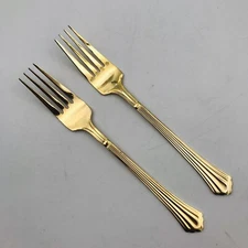 Two (2) Hampton Forge Gold Stainless Scalloped Ribbed Pattern Dinner Forks 7.5"