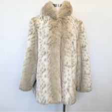 Vintage Faux Fur Arctic White Cream Snow Leopard Winter Lynx Hood Teddy Coat XL