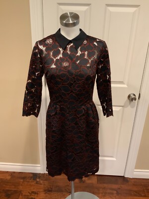 Trina Turk Black Maroon Floral Lace Dress w/ Peter Pan Collar