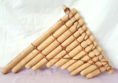Vintage Pan Pipe Flute From Peru Artisian Hand Made Of Bamboo Tied With Leather.