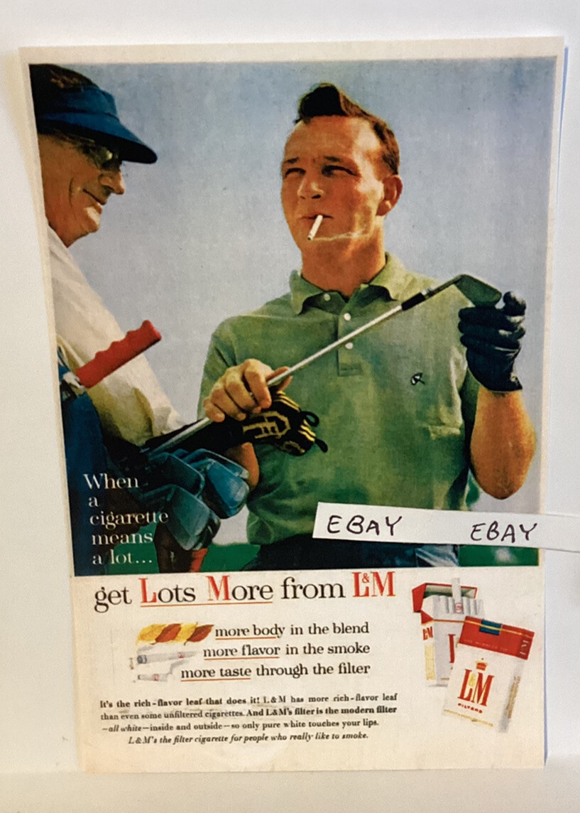 arnold palmer cigarette EARLY ARNOLD PALMER SMOKING L&M CIGARETTES RARE AD GOLF CLUB CADDIE NEW  POSTCARD