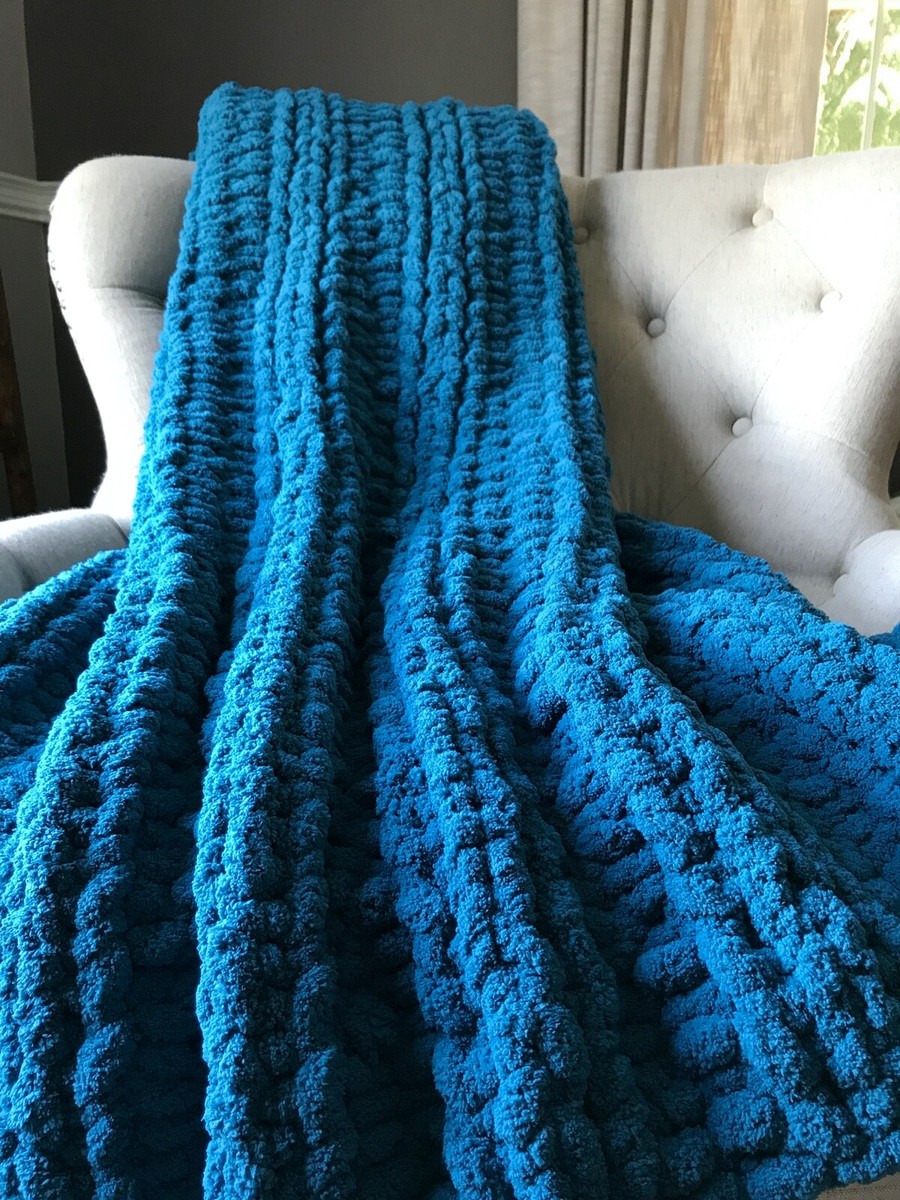 Chunky Knit Blanket Teal Blue Throw Soft Chenille Throw Blanket