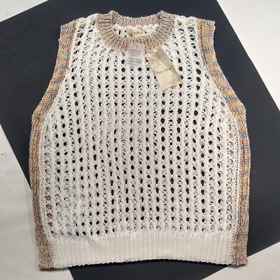 Hem & Thread Crochet Sweater Vest Tank Top M Ivory Multicolor Trim Ribbed Neck 