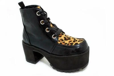 T.U.K. A9581L Bottes Gothic Noir À Lacets Imprimé Léopard Talon Block - Photo 1/4