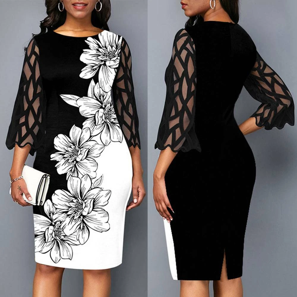 Elegant Women Flower Print Round Neck Hollow Mesh Sleeve Slim Fit Mini Dress