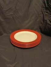 Brand New! Set Of Four! Royal Norfolk White With Red Trim Dinner Plates! 