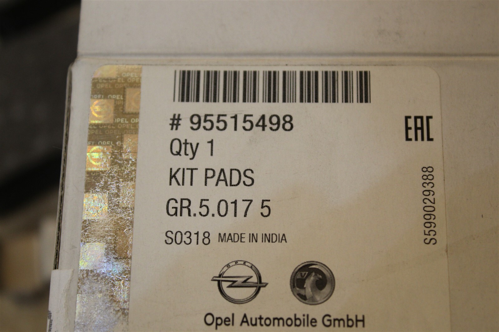 Genuine Vauxhall Insignia Rear Brake Pad Kit 95515498 for sale online