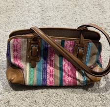 FOSSIL HANDBAG Signature Jacquard  Leather Satchel Purse Bag Stripe Z24