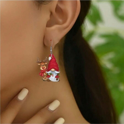 Festive Cartoon Reindeer Wooden Drop Earrings Red Gnome
