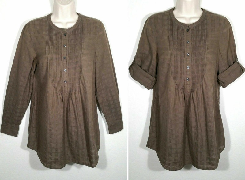Ann Taylor Loft Women Size Small Brown Top Blouse Henley Tunic Roll Tab Sleeve