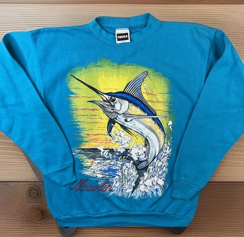 Vintage Marlin Fish Sweatshirt 90s Tultex 3D Painted Graphics Splash Sz L USA