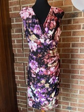 Lauren Ralph Lauren Women 10 Purple Stretch Jersey Faux Wrap Floral V Neck Dress
