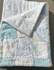 Flannel Handmade Baby Blanket Quilt Noahs Ark Animals Blue White 31x40" Soft VTG