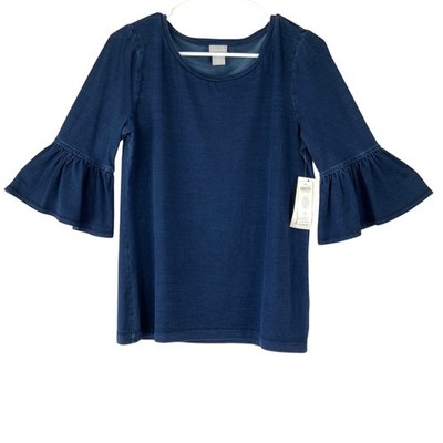 Chico's Riviera Authentic Flounce Sleeve Knit Scoop Neck Blouse Blue Size 0 NEW
