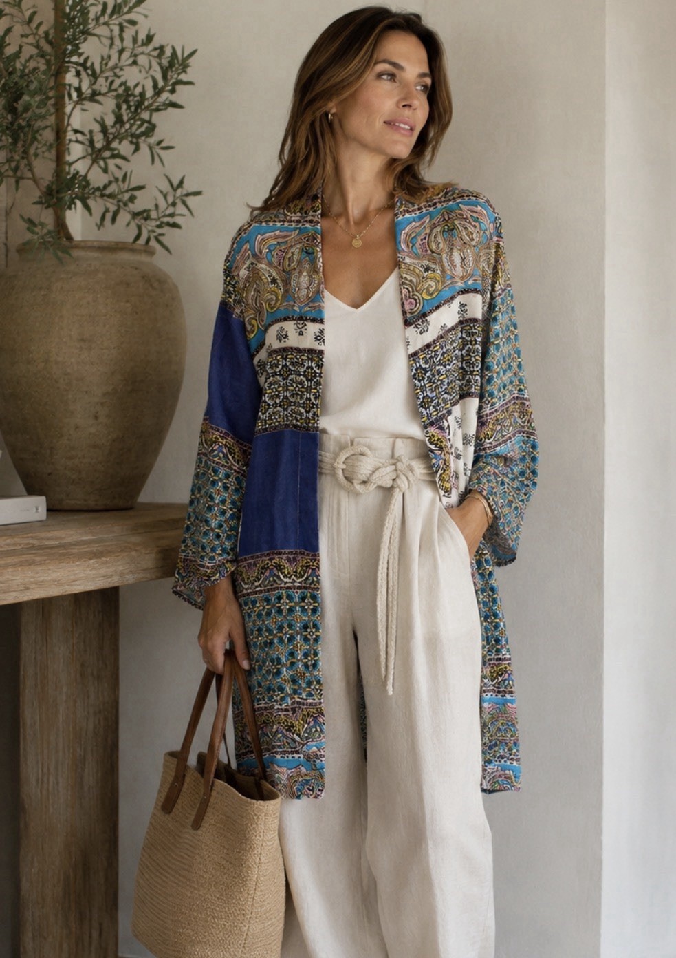 Chicos 100% Linen Duster Kimono Sz 3 16/18 Open Front Patchwork Cardigan Paisley